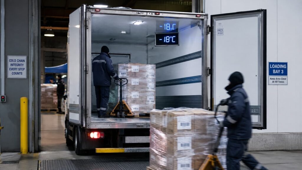 Freezer van loading frozen food at -18°C in a UAE loading bay