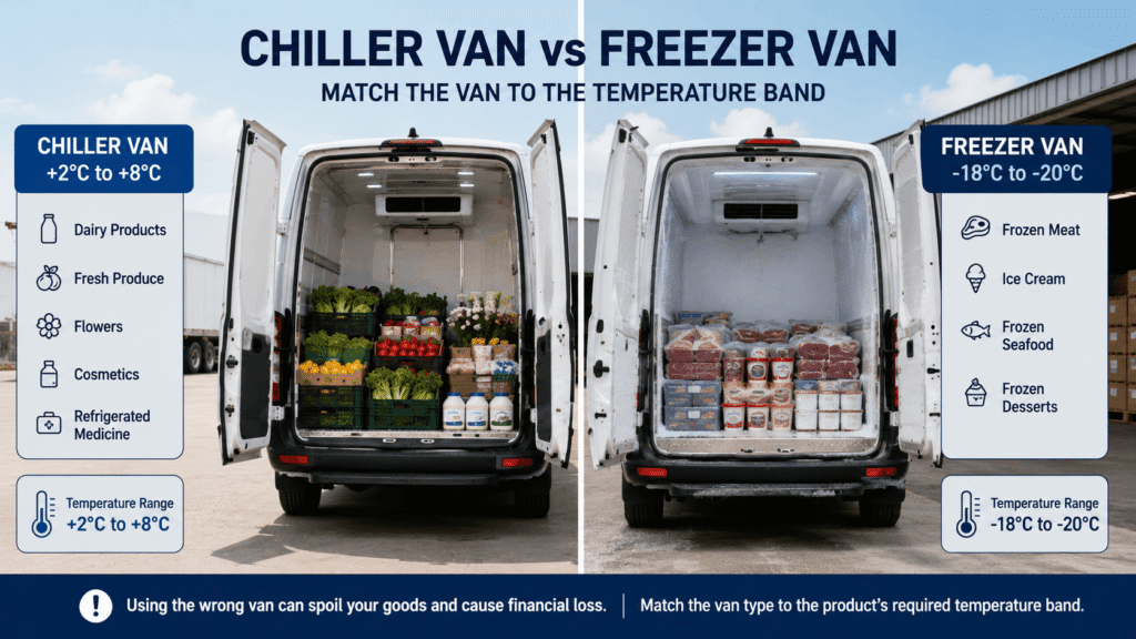 Chiller van vs freezer van showing temperature ranges and suitable goods