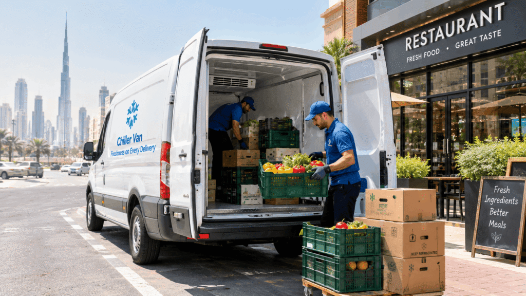 Chiller van with open rear doors unloading fresh produce outside a restaurant in Dubai