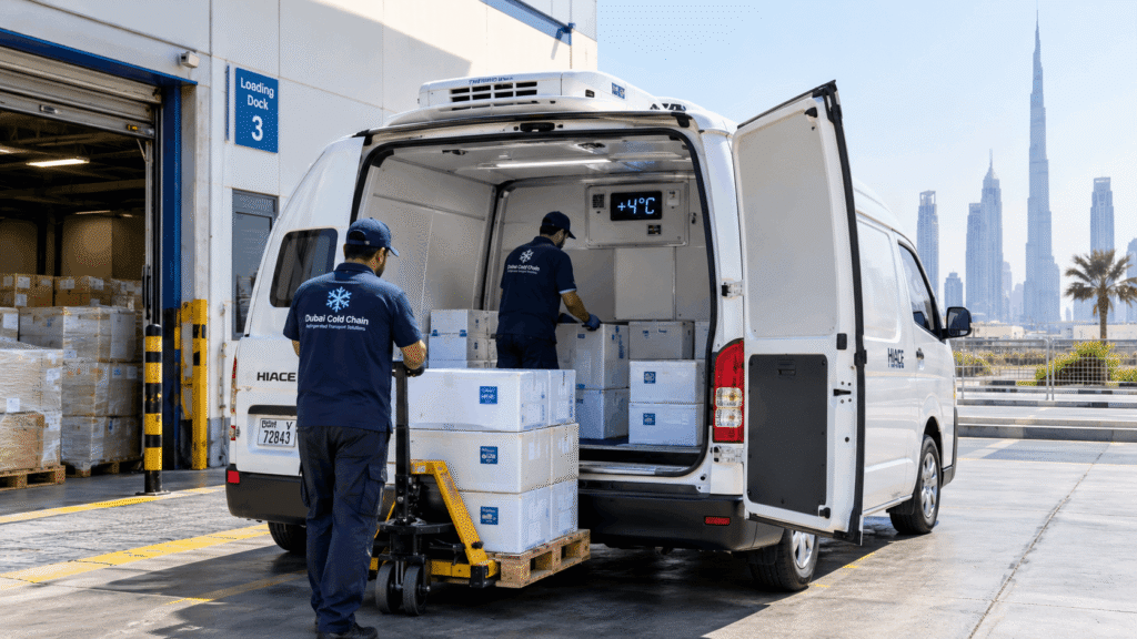 Chiller van rental cost in Dubai with Toyota Hiace loading at delivery dock