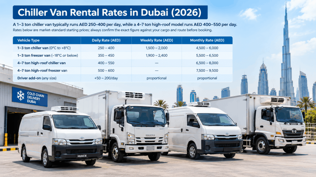 Chiller van rental rates in Dubai 2026 with daily, weekly, and monthly prices