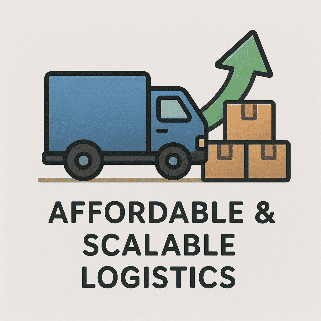 Illustration of a delivery truck with boxes and an upward arrow showing affordable refrigerated truck rental in Dubai for scalable logistics solutions
