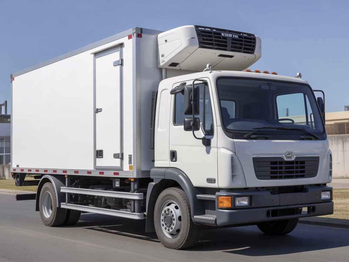 Well-maintained chiller truck for rent in the UAE, ideal for transporting frozen and perishable goods with a reliable refrigeration system.