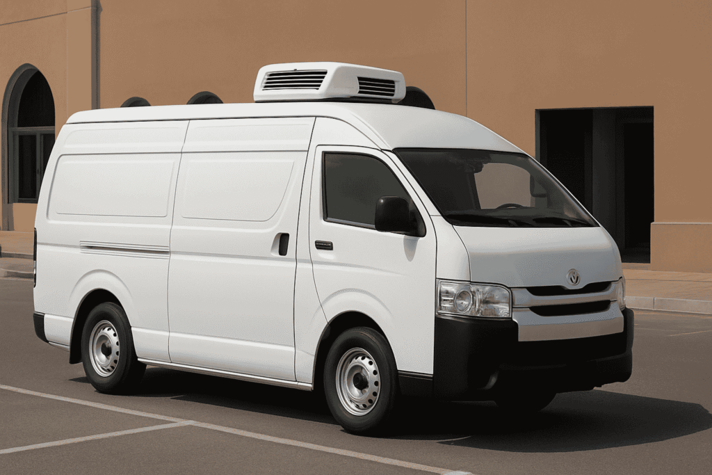 White chiller van for rent in Dubai, perfect for transporting perishable goods with a reliable cooling system.