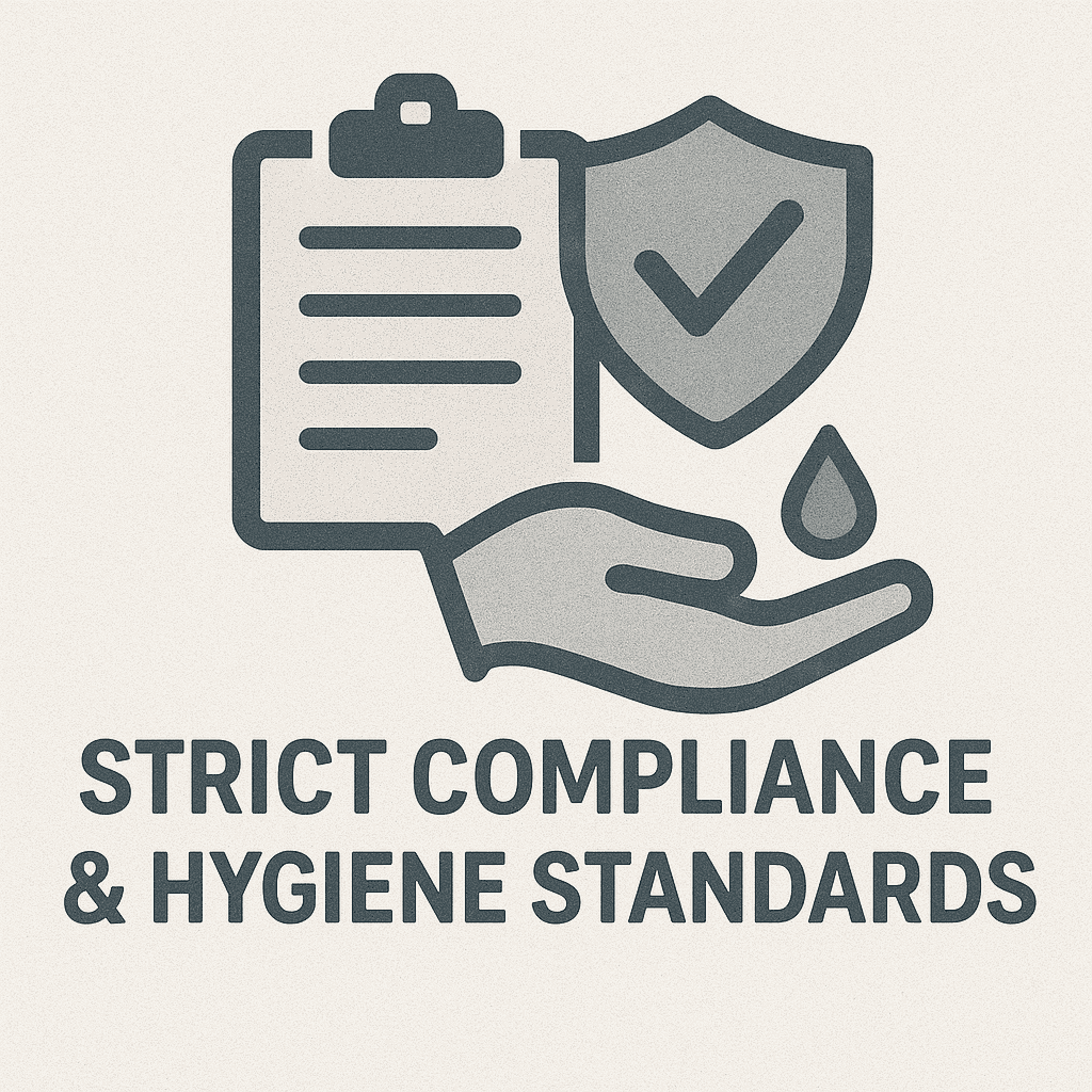 Illustration featuring a clipboard, shield, hand, and water droplet with the text Strict Compliance & Hygiene Standards, emphasizing HACCP, ISO, and Dubai Municipality hygiene regulations.