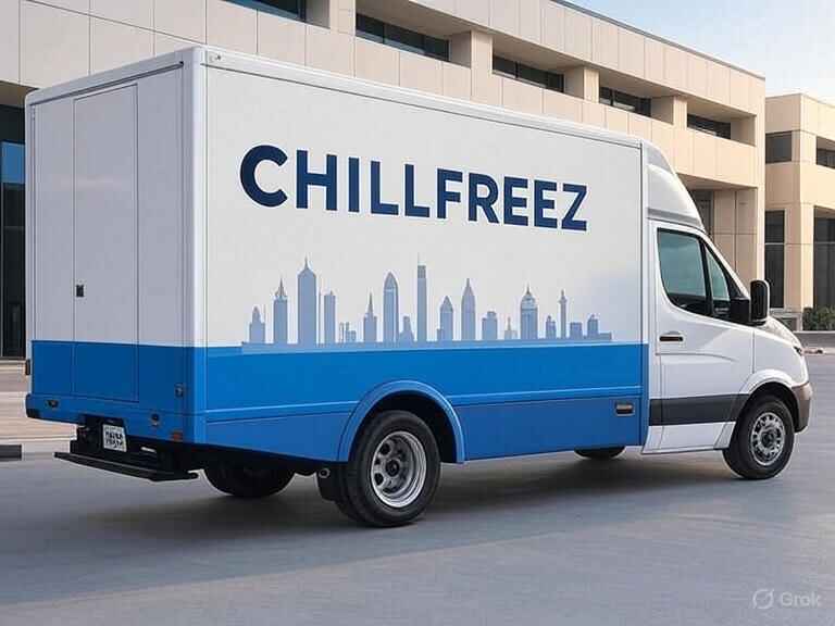 A refrigerated delivery van with ChillFreez branding parked outside a modern building in Dubai.
