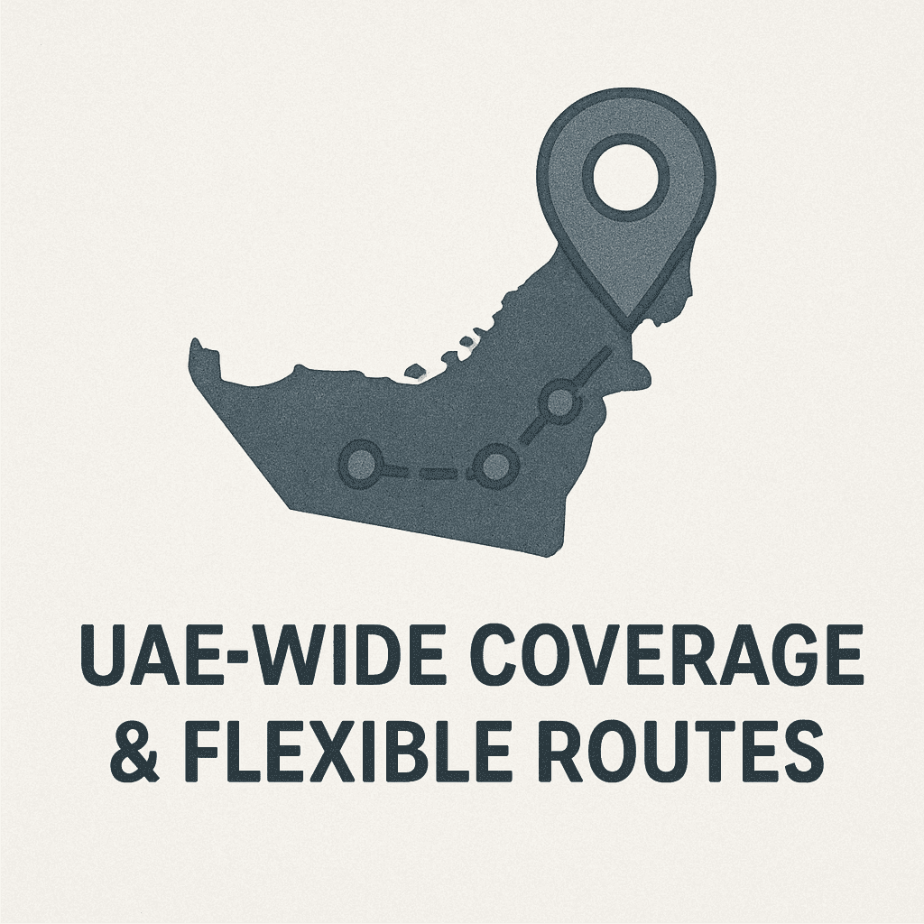 Illustration of the UAE map with a route and location pin showing chiller van rental services and flexible refrigerated delivery from Dubai to Abu Dhabi and across the Emirates.