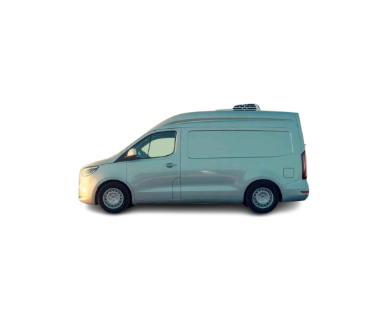 A white chiller van with a refrigeration unit on top, designed for transporting perishable goods across the UAE.