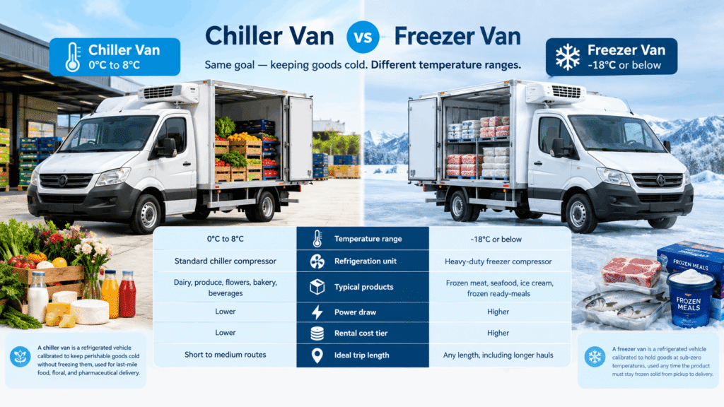 Chiller van vs freezer van comparison showing temperature ranges and refrigerated cargo.