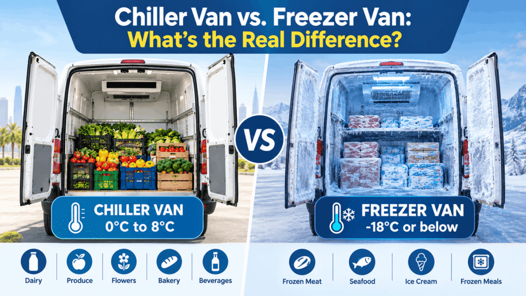 Chiller van vs freezer van comparison showing fresh produce and frozen goods