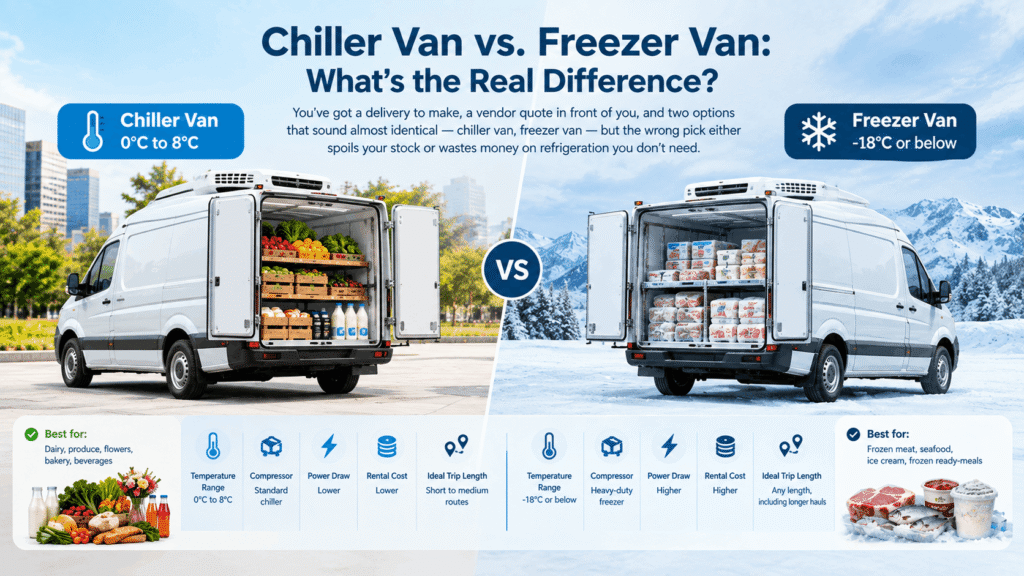 Chiller van vs freezer van comparison showing temperature ranges and refrigerated goods
