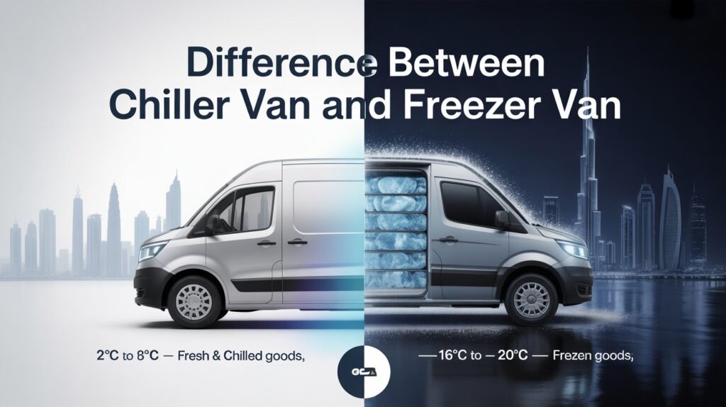 Visual comparison of chiller van and freezer van with temperature ranges for chilled goods (2°C to 8°C) and frozen goods (-16°C to -20°C) in the Dubai skyline.