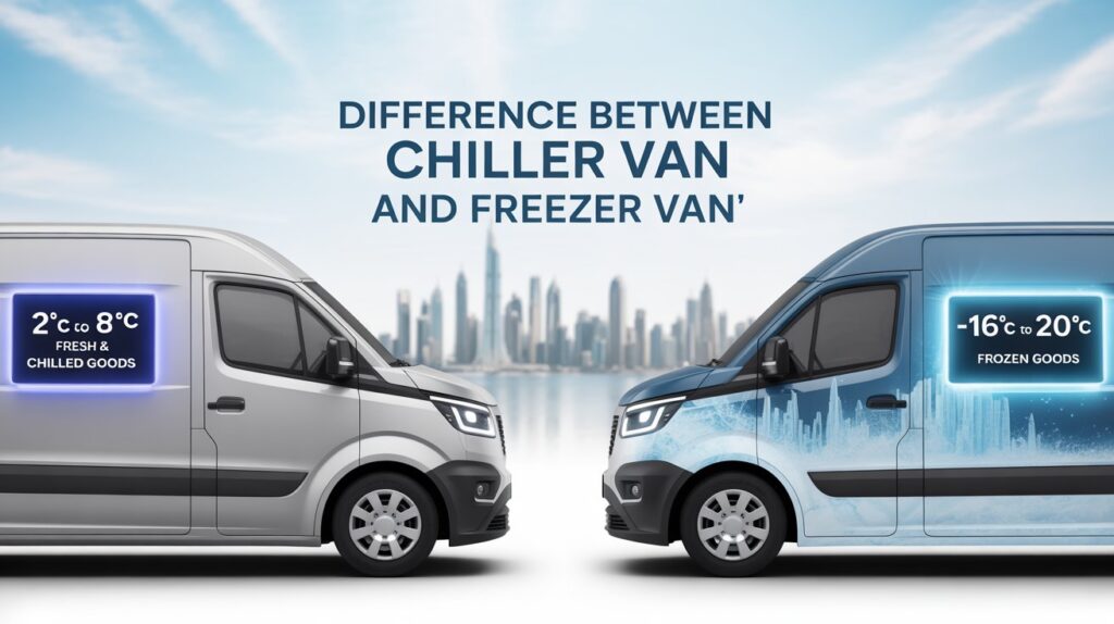An infographic showing the difference between a chiller van and a freezer van in Dubai with labelled temperature ranges for chilled and frozen goods.