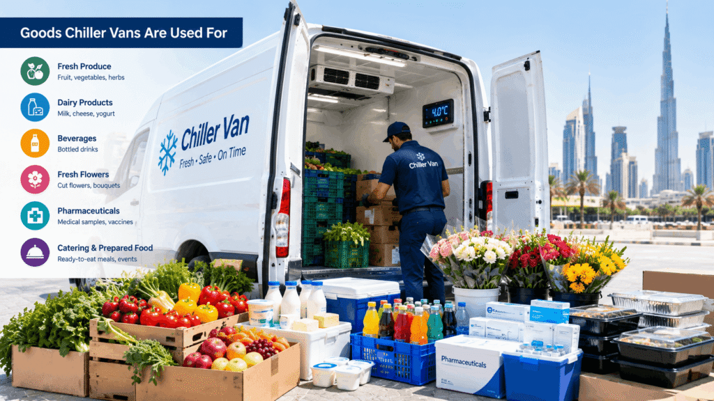 Goods transported in a chiller van including fresh produce, dairy, beverages, flowers, pharmaceuticals, and prepared food