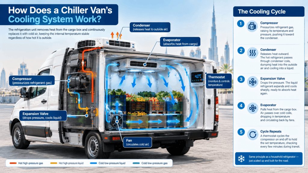How a chiller van cooling system works with compressor, condenser, expansion valve, and evaporator