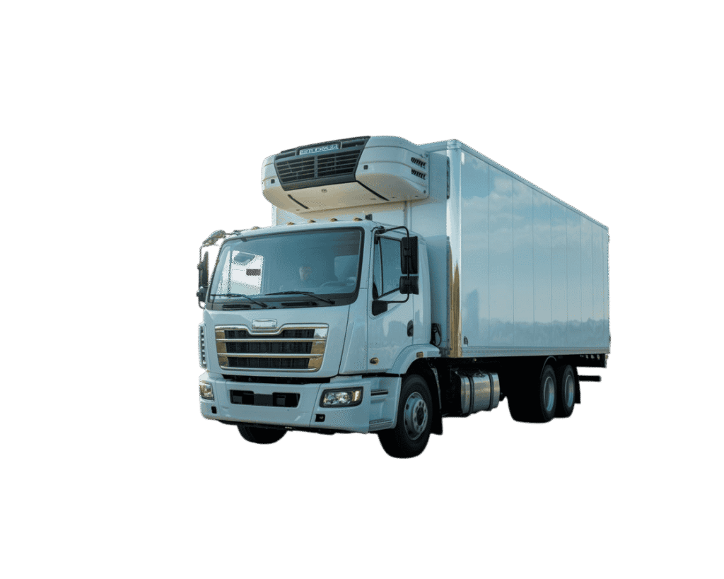 A large white delivery truck with a refrigeration unit mounted on top, used for transporting temperature-sensitive goods