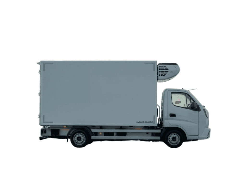 A modern white chiller truck designed for refrigerated transport of food and perishable goods