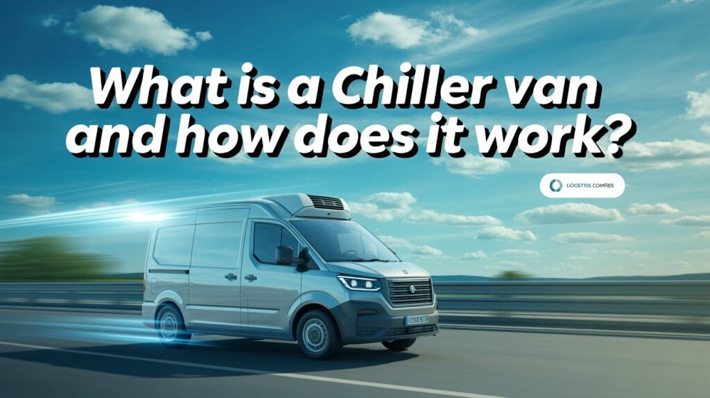 Dynamic image of a modern refrigerated delivery van on a highway with bold stylish text displaying 'What Is a Chiller Van and How Does It Work, ideal for a logistics blog.