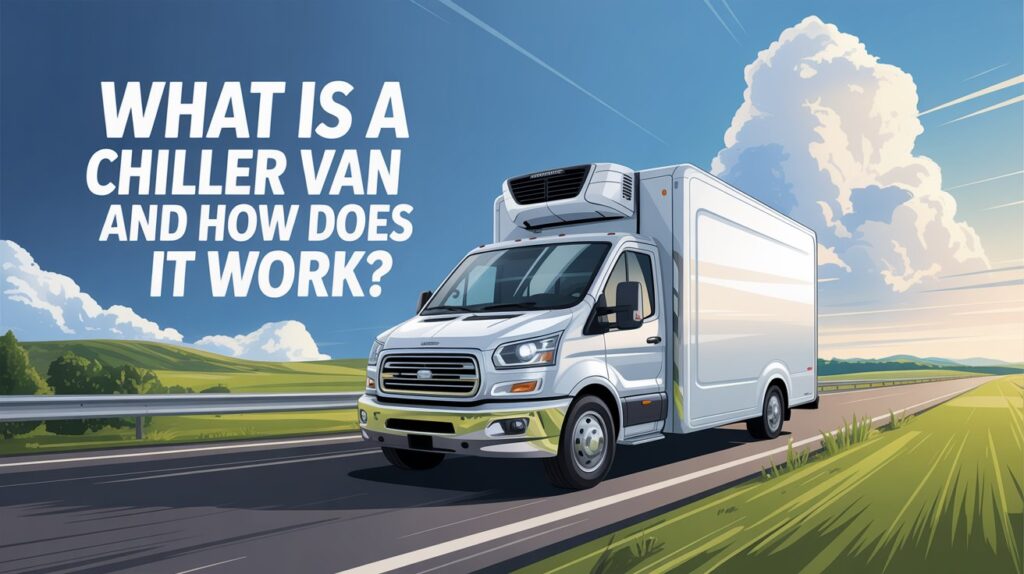 Illustration of a refrigerated delivery truck on a highway with bold text displaying 'What Is a Chiller Van and How Does It Work?', perfect for a logistics blog.