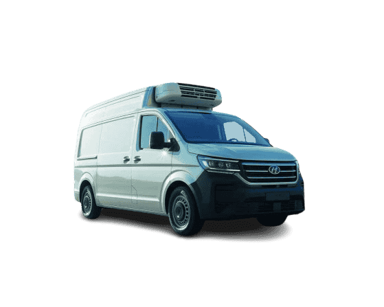 White refrigerated van with front cooling unit, side and front view, designed for transporting perishable items safely