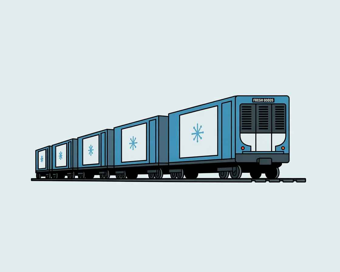 This is a flat vector illustration of a refrigerated rail freight train that is carrying temperature-controlled containers for the transportation of fresh goods.