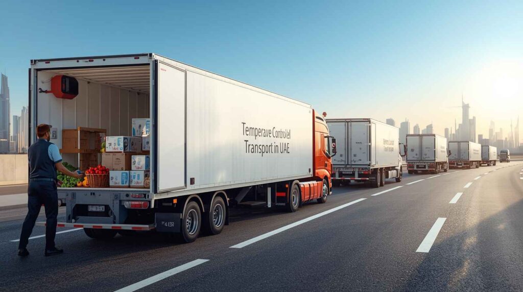 Temperature-controlled transport in the UAE with refrigerated trucks maintaining cold chain logistics for fresh fruits and perishable goods delivery
