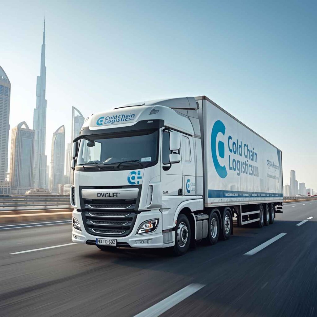 Cold Chain Logistics A UAE refrigerated truck transporting temperature-controlled goods on a Dubai highway with a modern skyline in the background
