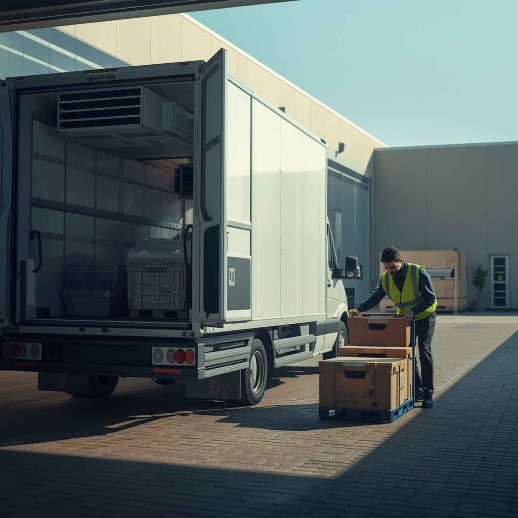 A worker is loading insulated cargo boxes into a chilled truck during a daytime logistics operation, representing Refrigerated Transport Services UAE for temperature-controlled delivery.